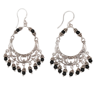 Onyx and sterling silver chandelier earrings, 'Dark Crescent' - Indonesian Sterling Silver and Dyed Onyx Chandelier Earrings