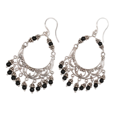 Onyx and sterling silver chandelier earrings, 'Dark Crescent' - Indonesian Sterling Silver and Dyed Onyx Chandelier Earrings