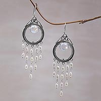 Cultured pearl and rainbow moonstone chandelier earrings, 'Angel Tears' - Indonesian Pearl Rainbow Moonstone Chandelier Earrings
