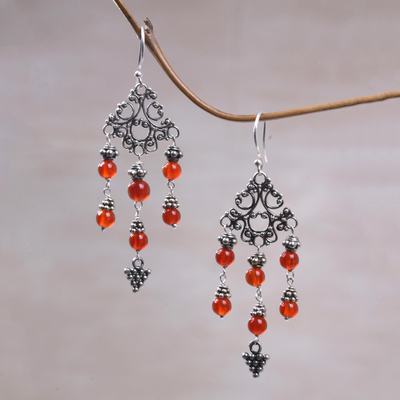 Carnelian chandelier earrings, 'Amlapura Altar' - Indonesian Handmade Sterling Silver and Carnelian Earrings