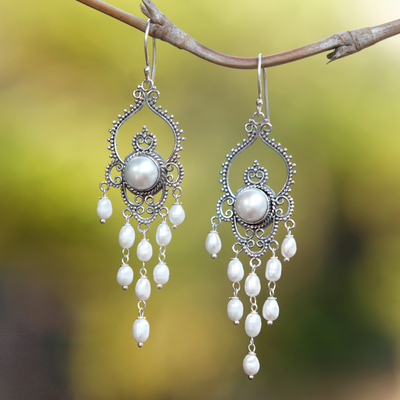 Cultured pearl chandelier earrings, 'Drops of Dew' - Cultured Pearl and 925 Silver Chandelier Earrings from Bali