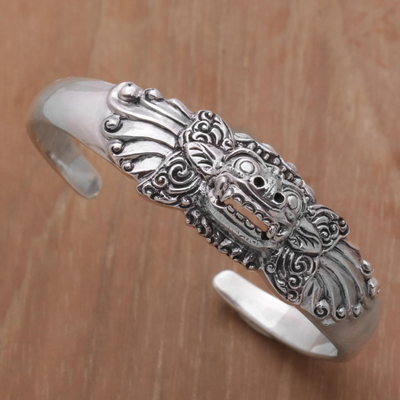 Sterling silver cuff bracelet, 'Smiling Barong' - Sterling Silver Barong Cuff Bracelet NOVICA from Indonesia