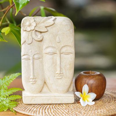Sandstone sculpture, 'Love Together' - Hand Crafted Indonesian Sandstone Sculpture of Two Faces