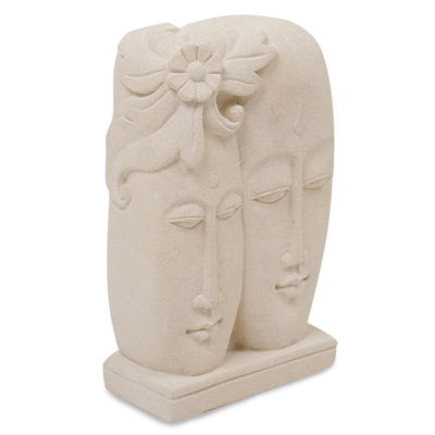 Sandsteinskulptur - Handgefertigte indonesische Sandsteinskulptur mit zwei Gesichtern