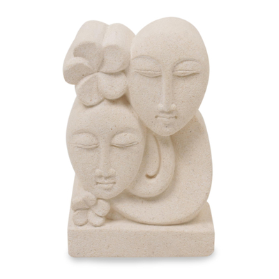 Hand Crafted Indonesian Sandstone Sculpture of Floral Faces