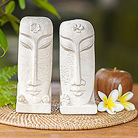 Sandstone sculptures, 'Harum Couple' (pair) - Pair of Hand Carved Sandstone Face Sculptures from Indonesia