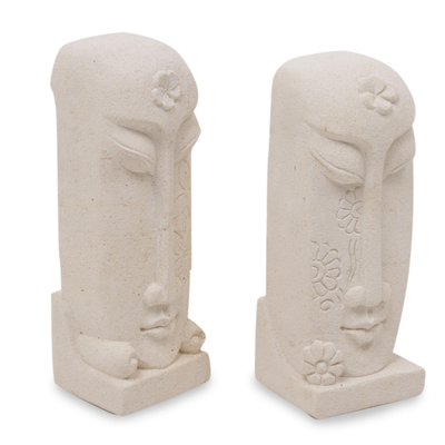Sandstone sculptures, 'Harum Couple' (pair) - Pair of Hand Carved Sandstone Face Sculptures from Indonesia