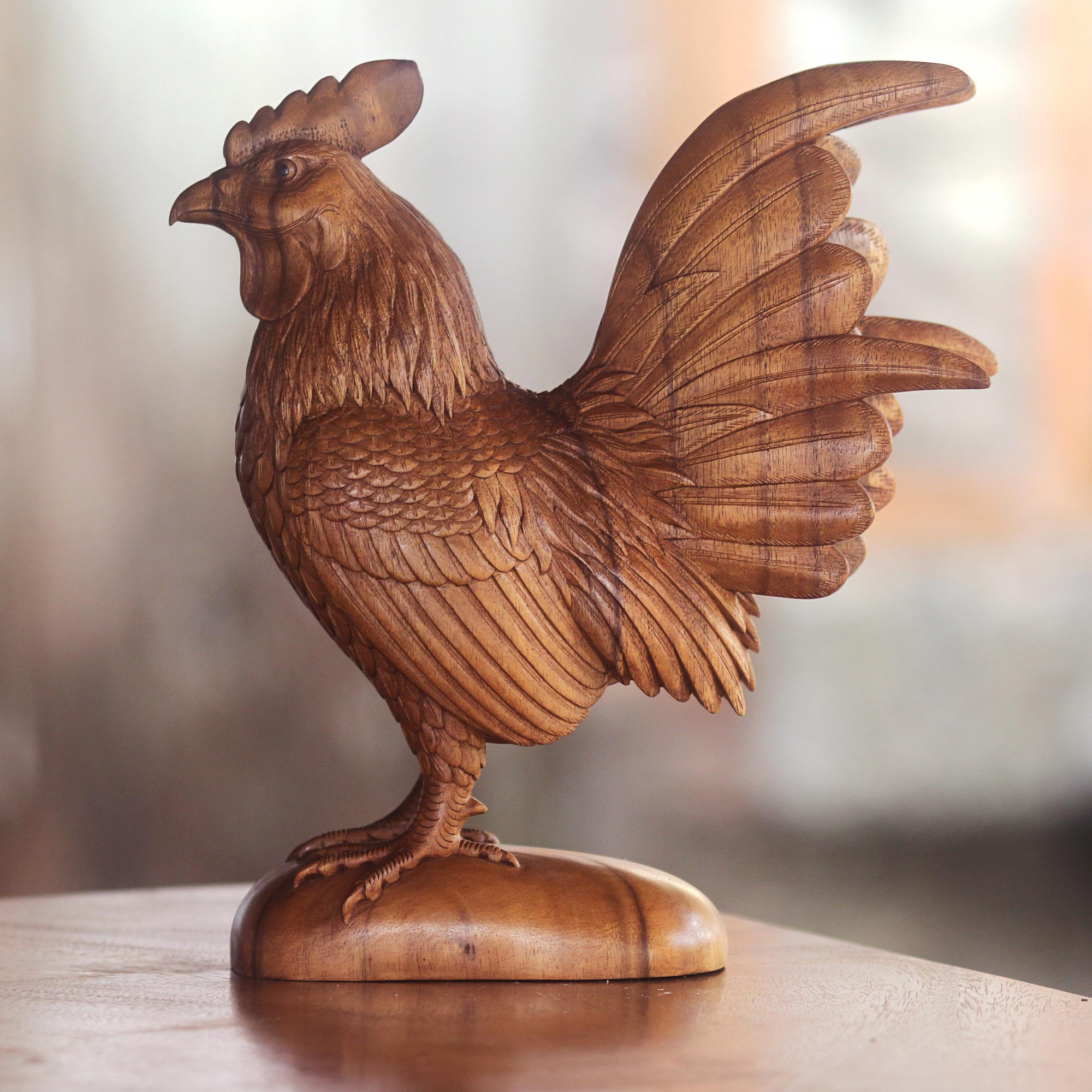 Hand Carved Suar Wood Sculpture of Rooster Rooster Pride NOVICA