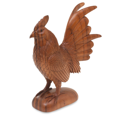 Wood sculpture, 'Rooster Pride' - Hand Carved Suar Wood Sculpture of Rooster
