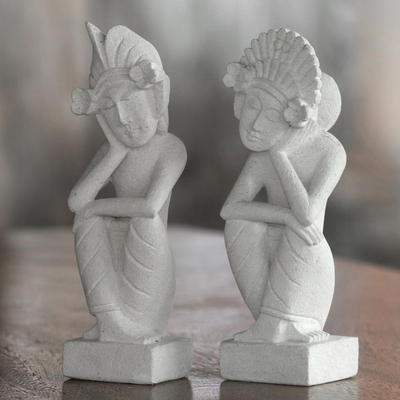 Sandstone sculptures, 'Jegeg and Bagus' (pair) - Pair of Hand Carved Sandstone Sculptures from Indonesia