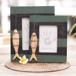 Wood photo frames, 'Fishing Memories' (4x6 and 3x5) - 4x6 and 3x5 Albesia Wood Striped Nautical Fish Photo Frames