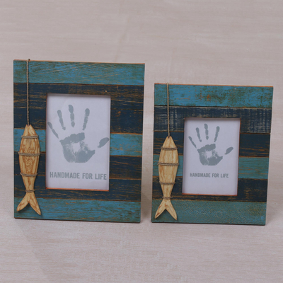Wood photo frames, 'Fishing Memories' (4x6 and 3x5) - 4x6 and 3x5 Albesia Wood Striped Nautical Fish Photo Frames