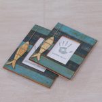 Wood photo frames, 'Fishing Memories' (4x6 and 3x5) - 4x6 and 3x5 Albesia Wood Striped Nautical Fish Photo Frames