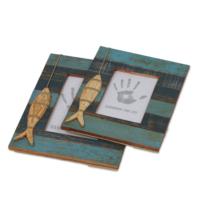 Wood photo frames, 'Fishing Memories' (4x6 and 3x5) - 4x6 and 3x5 Albesia Wood Striped Nautical Fish Photo Frames