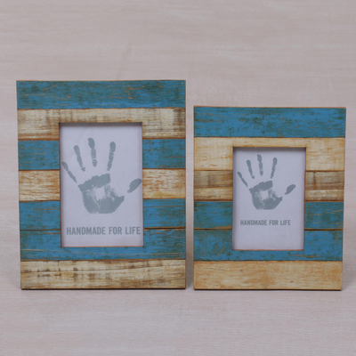 Wood photo frames, 'Sea Stripes' (4x6 and 3x5) - 4x6 and 3x5 Albesia Wood Beige Blue Striped Photo Frames