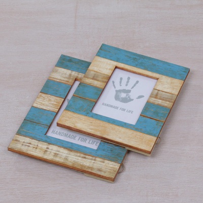 Wood photo frames, 'Sea Stripes' (4x6 and 3x5) - 4x6 and 3x5 Albesia Wood Beige Blue Striped Photo Frames