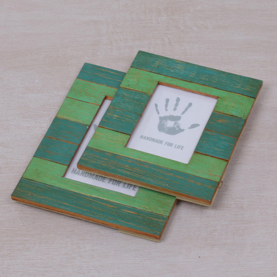 Wood photo frames, 'Forest Stripes' (4x6 and 3x5) - 4x6 and 3x5 Albesia Wood Green Striped Photo Frames