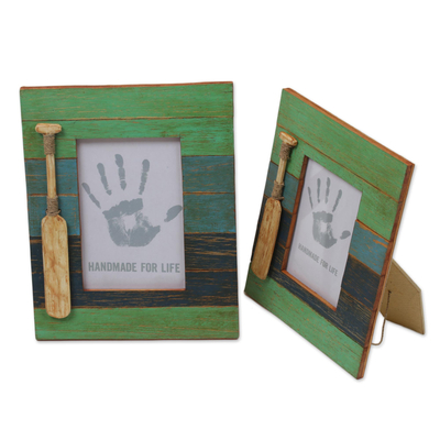 Wood photo frames, 'Row Your Boat'  (4x6, 3x5) - Two Indonesian Wood Photo Frames Antique Beach 4x6 3x5
