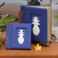 Wood-accented photo albums, 'Pineapple Dreams in Blue' (pair) - Two Albesia Wood Indonesian Pineapple Photo Albums in Blue