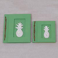 Wood-accented photo albums, 'Pineapple Dreams in Green' (pair) - Two Albesia Wood Indonesian Pineapple Photo Albums in Green