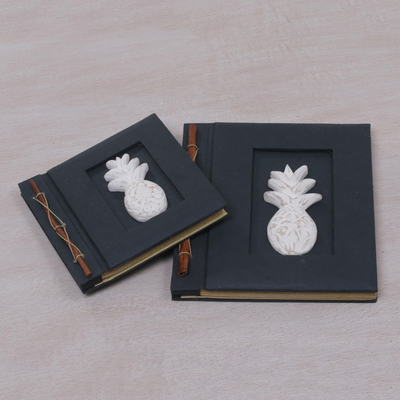 Wood-accented photo albums, 'Pineapple Dreams in Black' (pair) - Two Albesia Wood Indonesian Pineapple Photo Albums in Black
