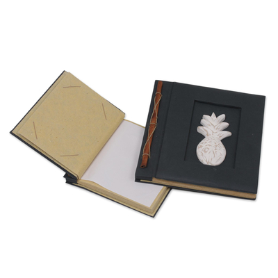Wood-accented photo albums, 'Pineapple Dreams in Black' (pair) - Two Albesia Wood Indonesian Pineapple Photo Albums in Black