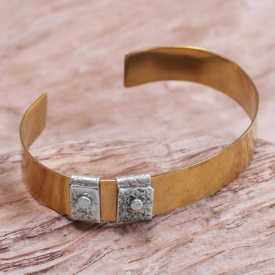 Sterling silver accent brass cuff bracelet, 'Island Journeys' - Sterling Silver Accent Brass Cuff Bracelet by Bali Artisans