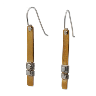 Sterling silver accent brass dangle earrings, 'Island Journey' - 925 Sterling Silver Accent Brass Dangle Earrings from Bali