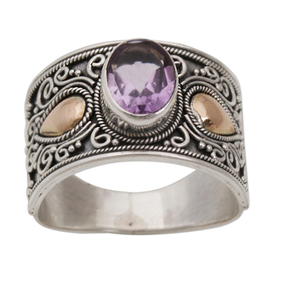 Gold accent amethyst cocktail ring, 'Cantik Sparkle' - Gold Accent Amethyst and 925 Sterling Silver Ring from Bali