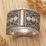 Gold accent sterling silver band ring, 'Golden Ubud Sky' - Gold Accent Sterling Silver Band Ring with Spiral Motifs