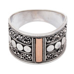 Gold accent sterling silver band ring, 'Golden Ubud Sky' - Gold Accent Sterling Silver Band Ring with Spiral Motifs