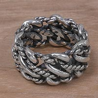 Sterling silver band ring, 'Roped by Love' - 925 Sterling Silver Rope Motif Band Ring from Indonesia