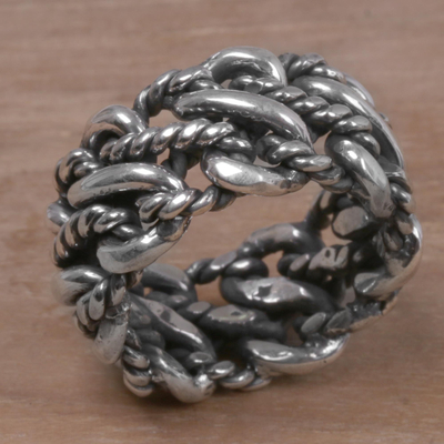 Sterling silver band ring, 'Roped by Love' - 925 Sterling Silver Rope Motif Band Ring from Indonesia