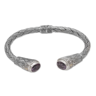 Gold accent amethyst cuff bracelet, 'Bamboo Wicker' - Gold Accent Amethyst and Silver Cuff Bracelet from Indonesia