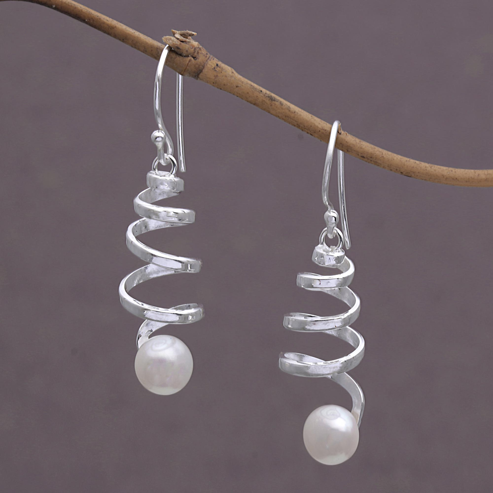Silver leaf and pearl dangly earrings handmade sterling silver textured leaves with a pink fresh water cultured pearl on hook wires