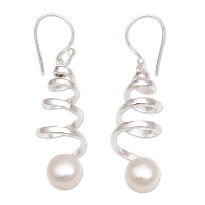Cultured pearl dangle earrings, 'Moonlight Springs' - Indonesian Cultured Pearl Sterling Silver Spiral Earrings