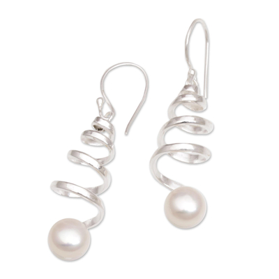 Cultured pearl dangle earrings, 'Moonlight Springs' - Indonesian Cultured Pearl Sterling Silver Spiral Earrings