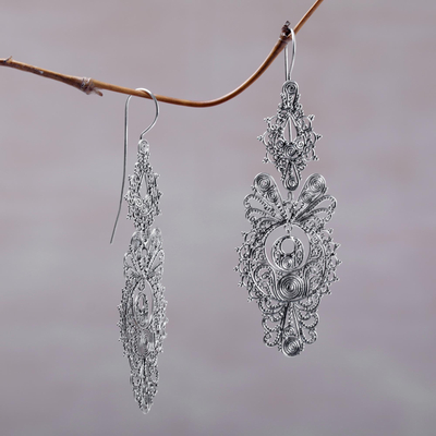 Sterling silver dangle earrings, 'Crowned Majesty' - Ornate 925 Sterling Silver Dangle Earrings from Indonesia