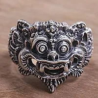 Sterlingsilberring, „Barong Parade“ – Barongring aus 925er Sterlingsilber aus Indonesien