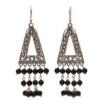 Onyx chandelier earrings, 'Pura Rainfall' - Onyx and Sterling Silver Triangular Earrings from Bali