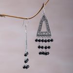 Onyx chandelier earrings, 'Pura Rainfall' - Onyx and Sterling Silver Triangular Earrings from Bali
