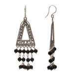 Onyx chandelier earrings, 'Pura Rainfall' - Onyx and Sterling Silver Triangular Earrings from Bali