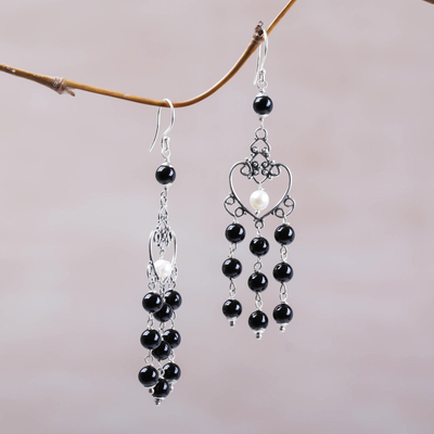 Onyx and cultured pearl chandelier earrings, 'Purified Love' - Onyx and Cultured Pearl Heart-Shaped Earrings from Bali