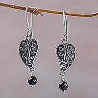 Onyx dangle earrings, 'Love Leaf' - Sterling Silver and Onyx Leaf Dangle Earrings from Bali