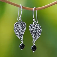 Onyx dangle earrings, 'Love Leaf' - Sterling Silver and Onyx Leaf Dangle Earrings from Bali