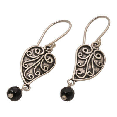 Onyx dangle earrings, 'Love Leaf' - Sterling Silver and Onyx Leaf Dangle Earrings from Bali