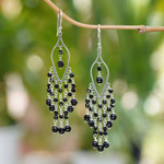 Onyx chandelier earrings, 'Shadow Drops' - Sterling Silver and Onyx Chandelier Earrings from Bali