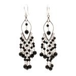 Onyx chandelier earrings, 'Shadow Drops' - Sterling Silver and Onyx Chandelier Earrings from Bali
