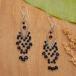 Onyx chandelier earrings, 'Shadow Drops' - Sterling Silver and Onyx Chandelier Earrings from Bali
