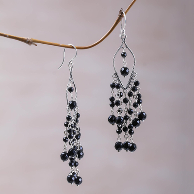 Onyx chandelier earrings, 'Shadow Drops' - Sterling Silver and Onyx Chandelier Earrings from Bali